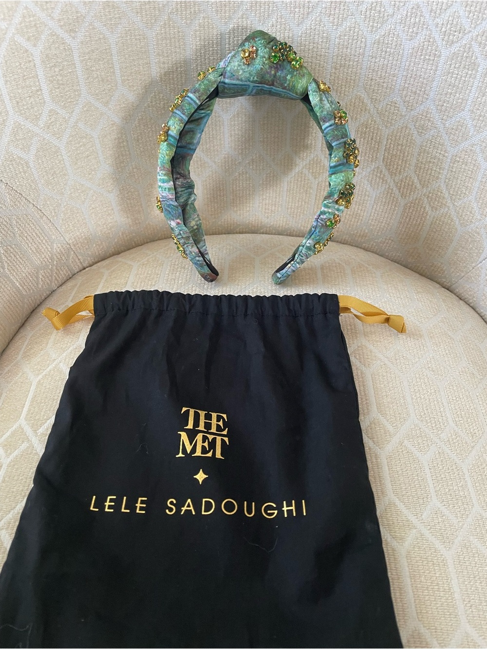 Lele Sadoughi x The MET Green Jeweled Padded Headband with Gold Accents